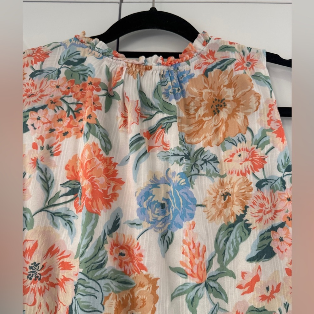 LOFT Floral Midi Dress in Orange, Blue & Cream - Picture 8 of 11